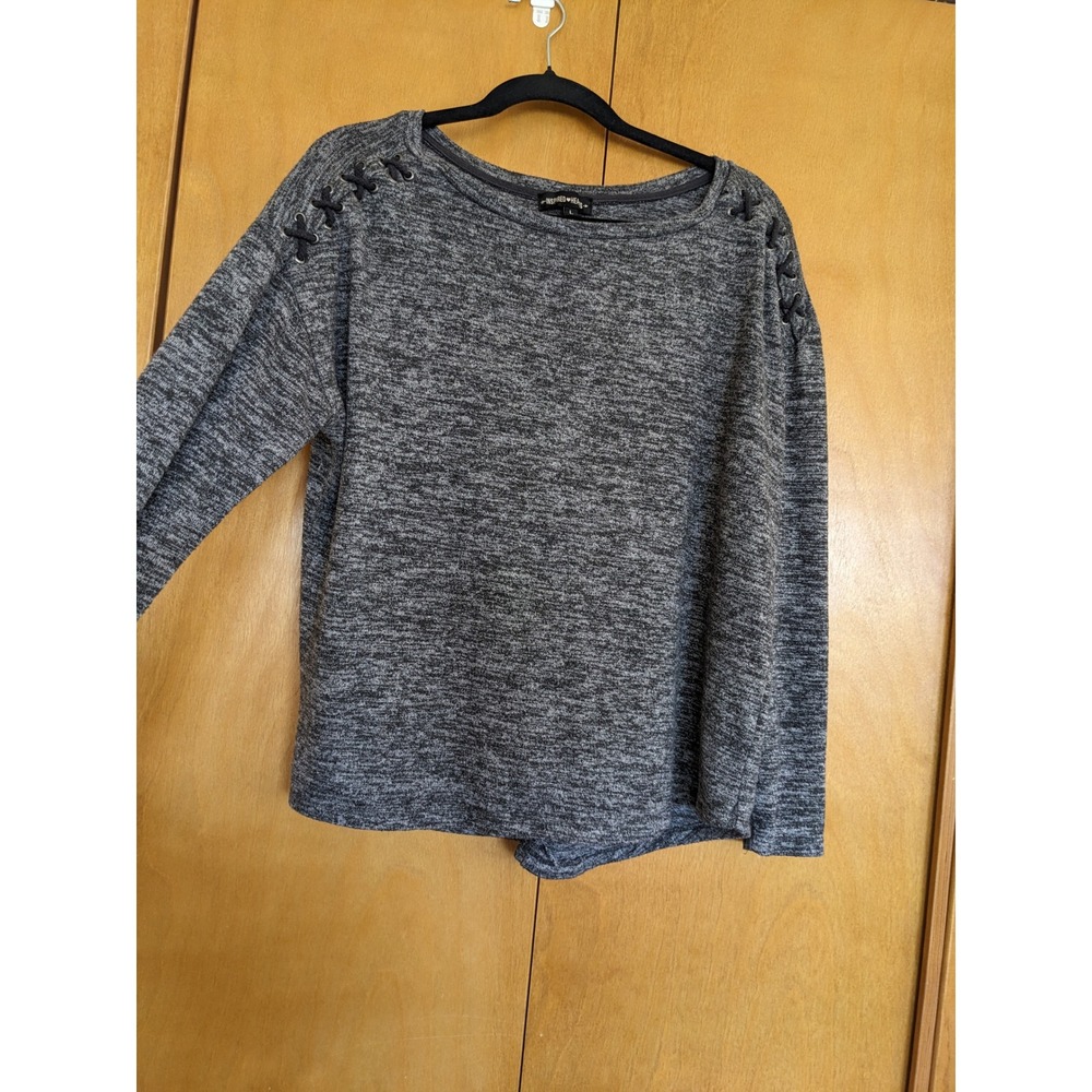 Inspired Hearts Womens Gray Marl Knit Lace Up Shoulder Long Sleeve Top Large